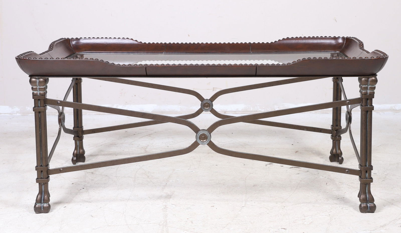 Maitland Smith Regency style bronze metal and leather glass top coffee table (1 of 3)
