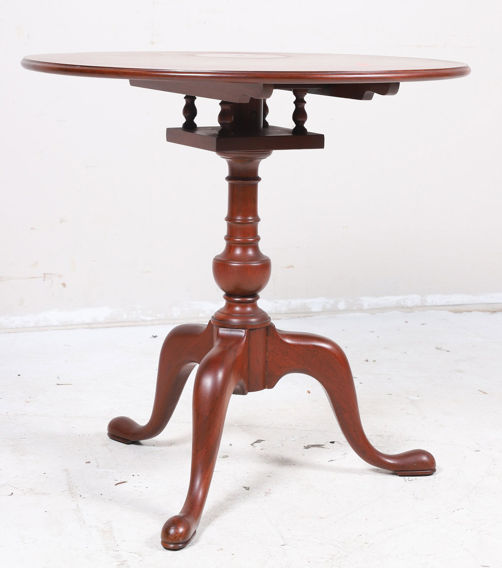 Queen Anne style mahogany birdcage candle stand: Queen Anne style mahogany birdcage candle stand, turned pedestal on tripod base, 29"h x 28"diameter