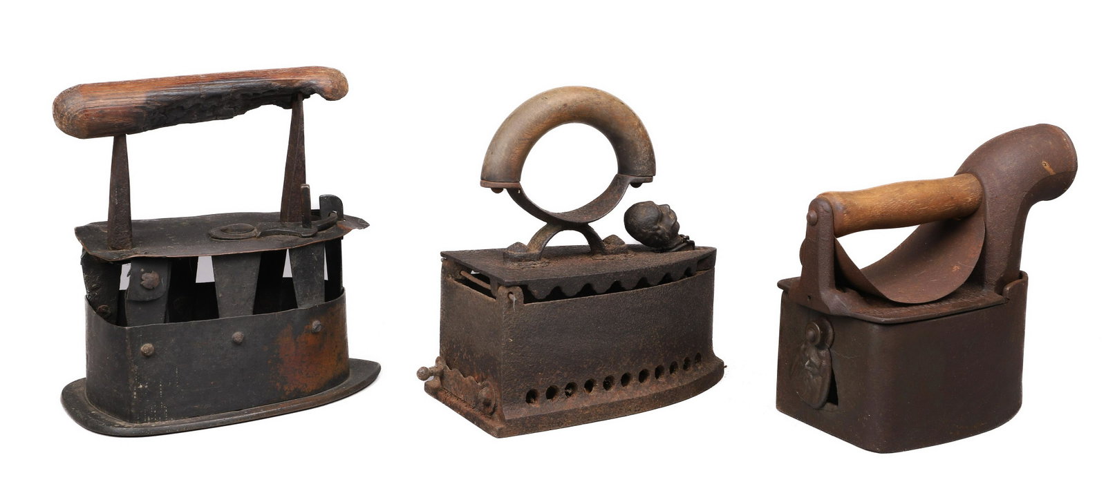 (3) Charcoal Irons: (3) Charcoal irons, including cast iron Coalbrookdale Iron Co, cast iron CEF with figural mustached face latch, copper and brass Joseph Lawton Cape iron