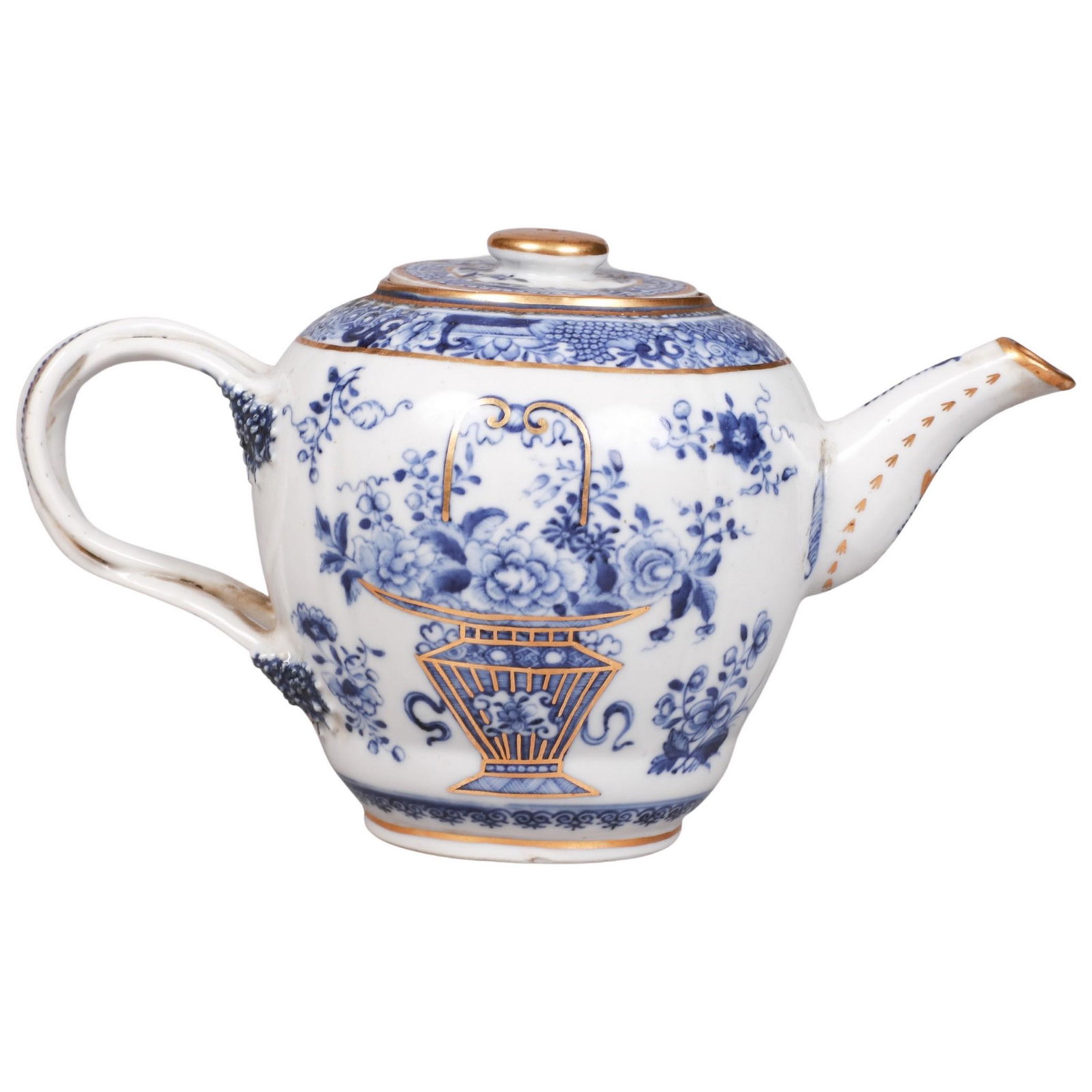 Chinese blue & white porcelain teapot: Chinese blue & white porcelain teapot, gilt trim, floral basket decoration, double strap handles, unmarked, 9" w x 5" h, Chip to underside of foot rim, some gilt loss, dings/divots to handle