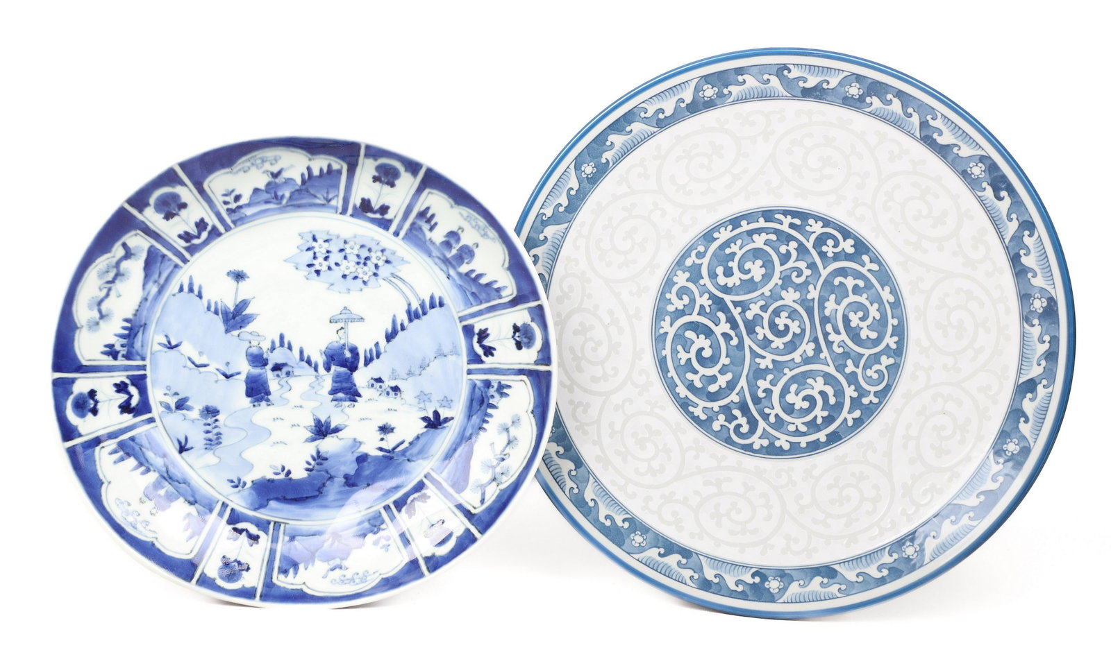 (2) Chinese Blue & White Porcelain Chargers: (2) Chinese blue & white porcelain chargers, c/o swirled with seal mark to base (15-1/4" dia), unmarked figures in landscape, (13" dia)