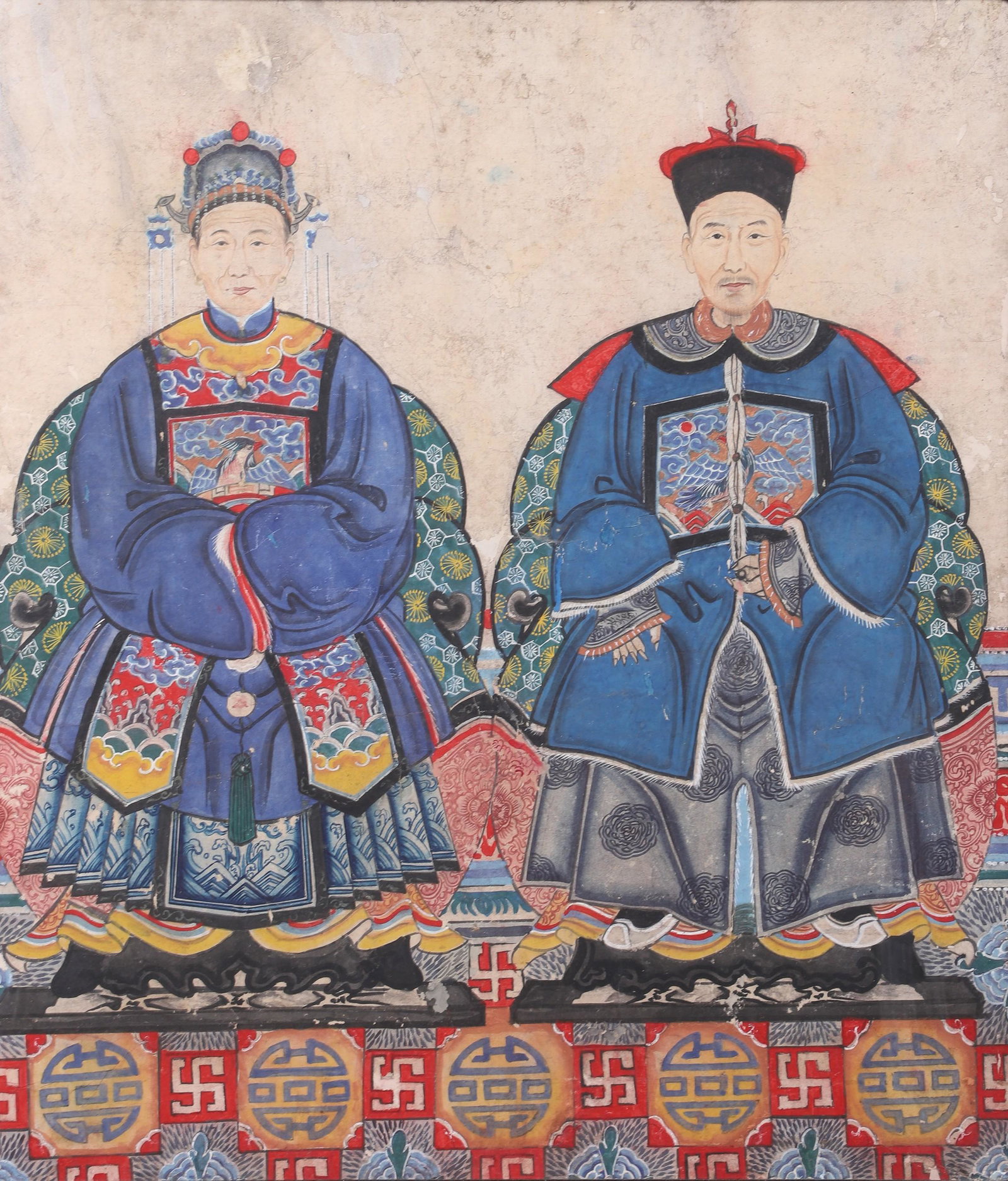 Chinese Ancestors Painting: Chinese painting on paper, pair of ancestors, 29" x 26" overall, water damage