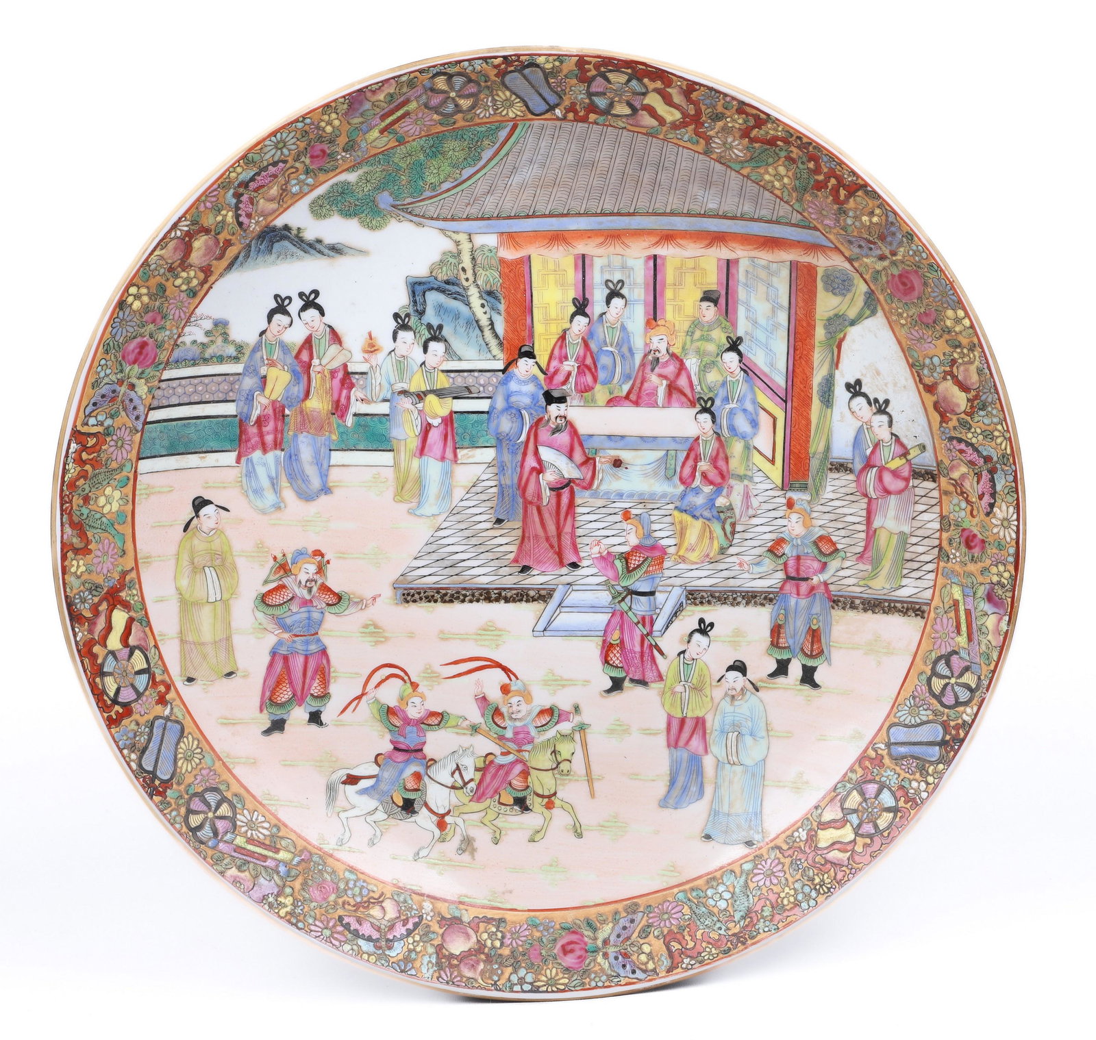 Chinese Mandarin Charger: Chinese Mandarin charger, figures at court, seal mark to base,18" dia