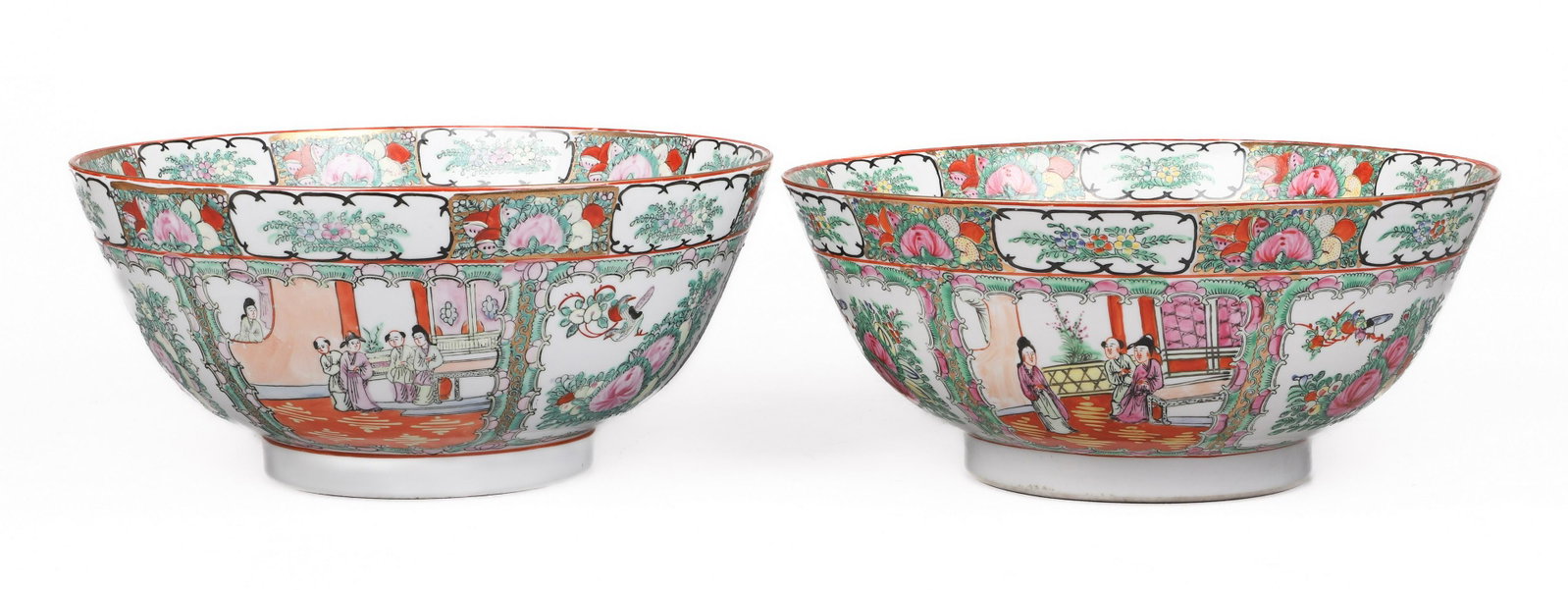 Pair of Chinese Rose Medallion Punch Bowls: Pair of Chinese Rose Medallion punch bowls, 4-character mark to base, 14" dia x 6-1/2" h, one with chip to rim