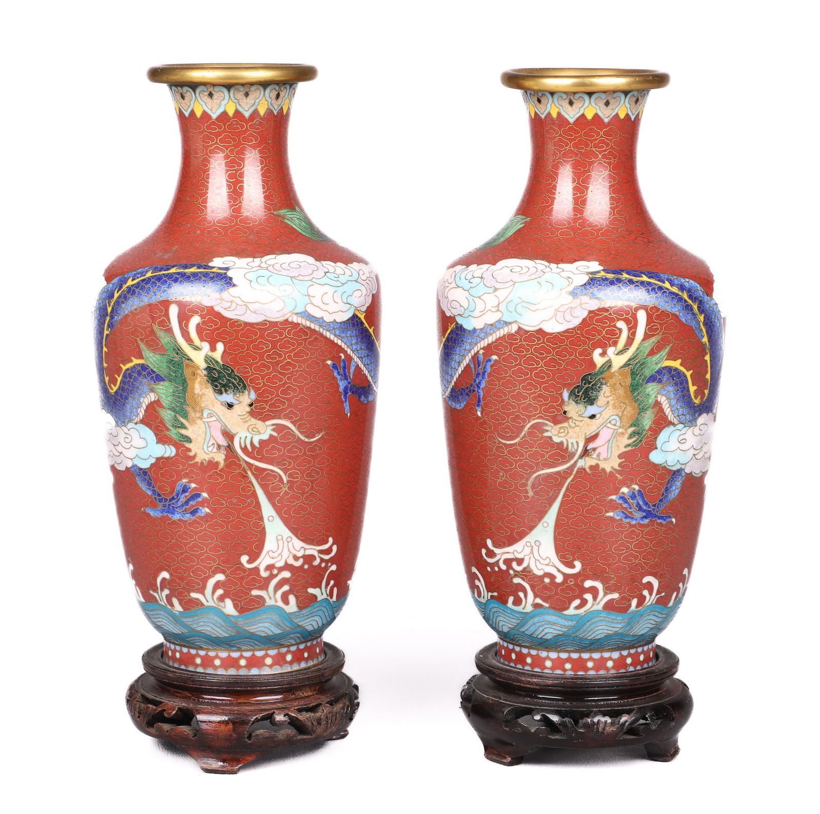 Dragon, Fish and Cloud Cloisonne Vase Pair (1 of 2)
