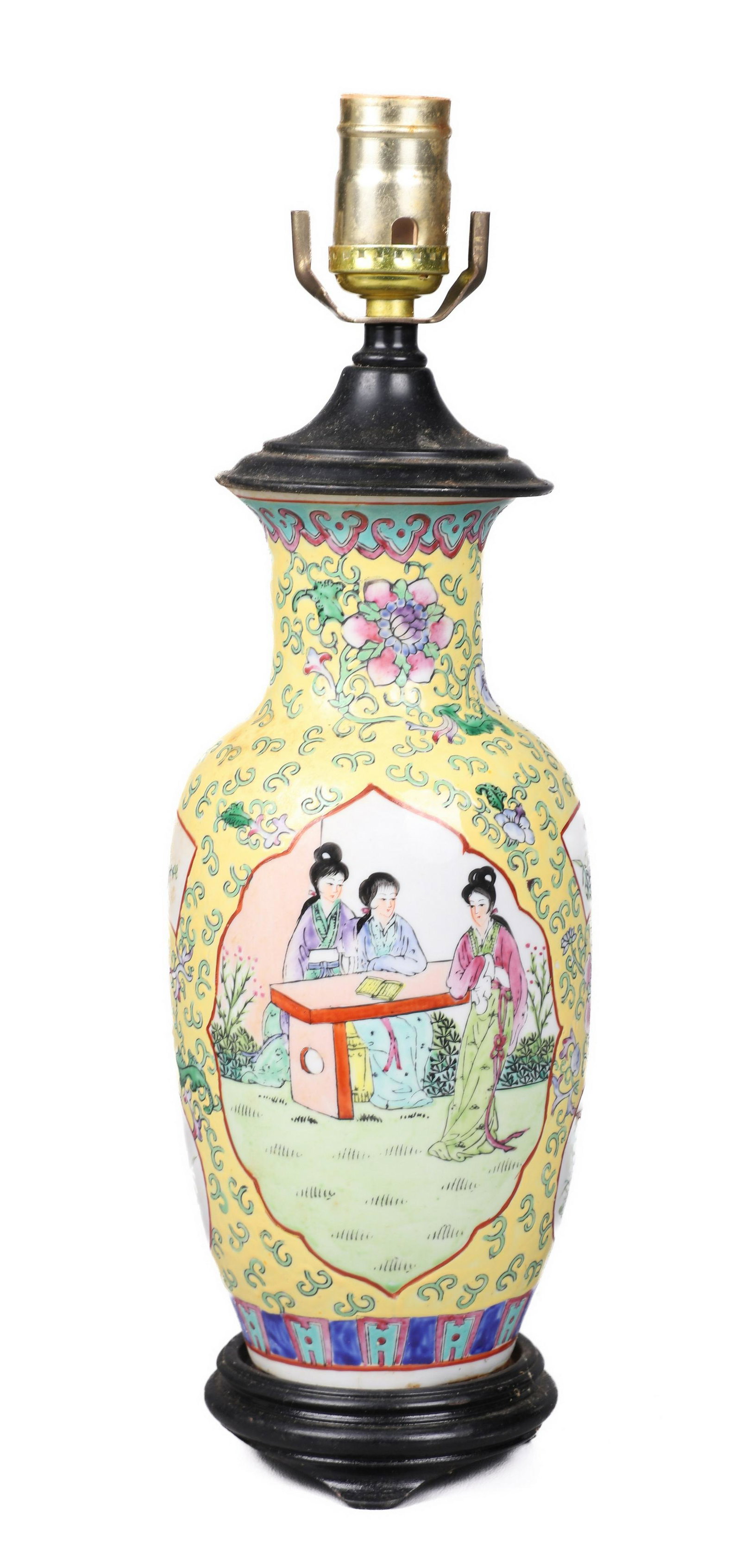 Chinese Famille Jaune Vase Table Lamp: Chinese Famille Jaune porcelain vase, figures in landscape, mounted as table lamp, 11-3/4" h to top of vase