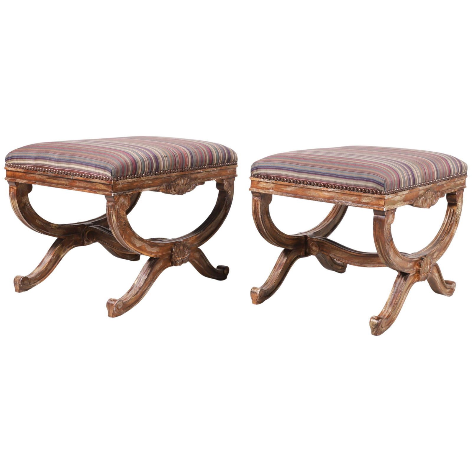 Pair Distressed painted curule upholstered footstools (1 of 1)