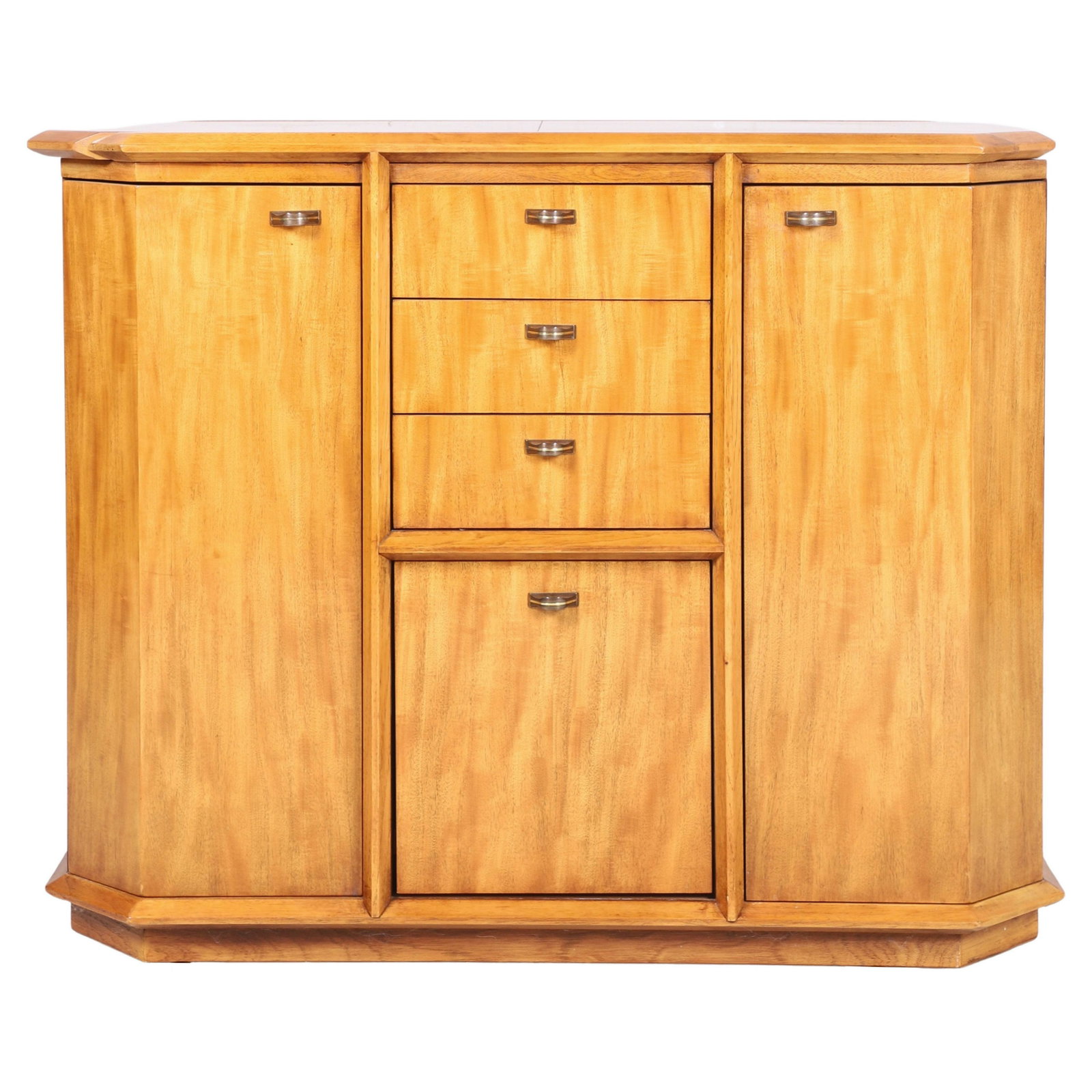 Drexel Deco style buffet: Drexel Deco style buffet, three drawers over large drawer, flanked by two doors with interior shelving, 33"h x 35"w x 19"d