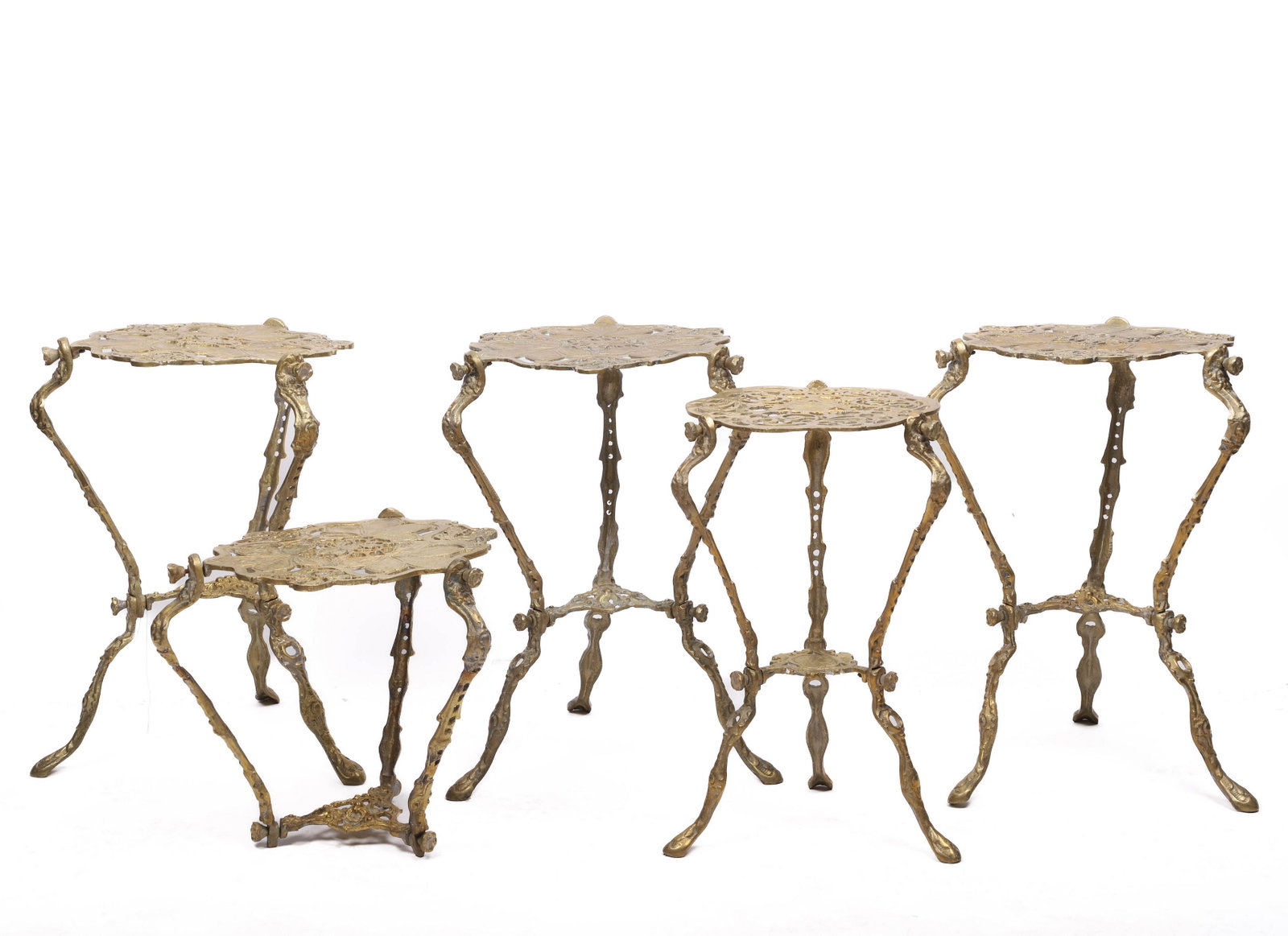 (5) Pierced brass plant stands: (5) Pierced brass plant stands, one gilt metal, pierced floral decoration, 17"h x 12"diameter