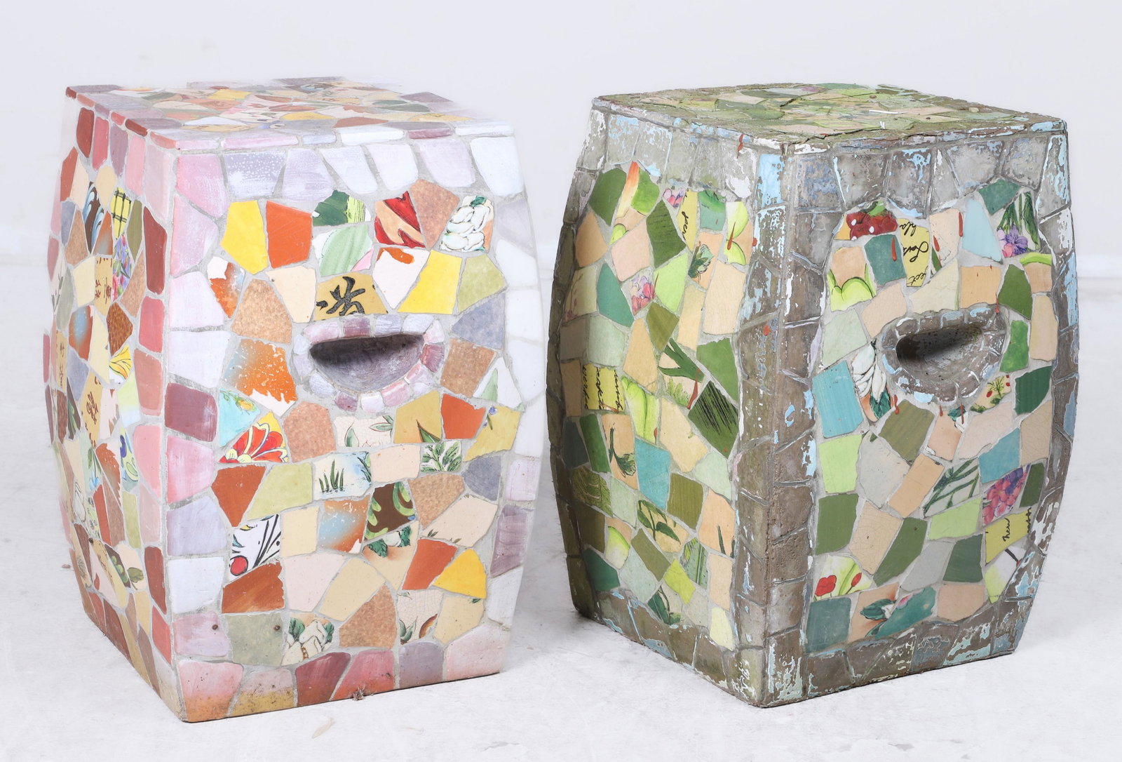 (2) Mosaic garden seats: (2) Mosaic garden seats, 16"h x 10-1/2"square