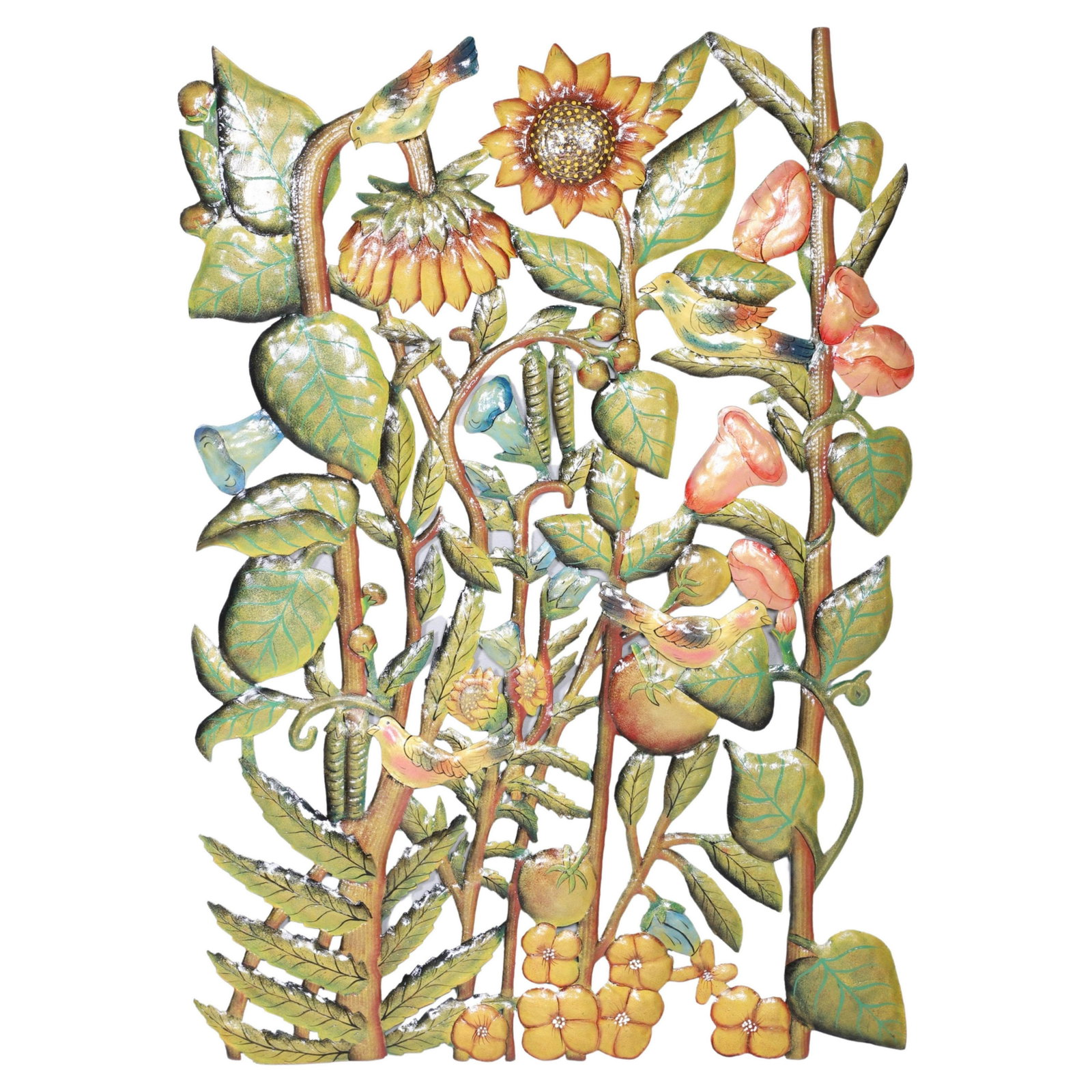 Pierced metal wall hanging of sunflowers and birds: Pierced metal wall hanging of sunflowers and birds, 43"h x 32"w