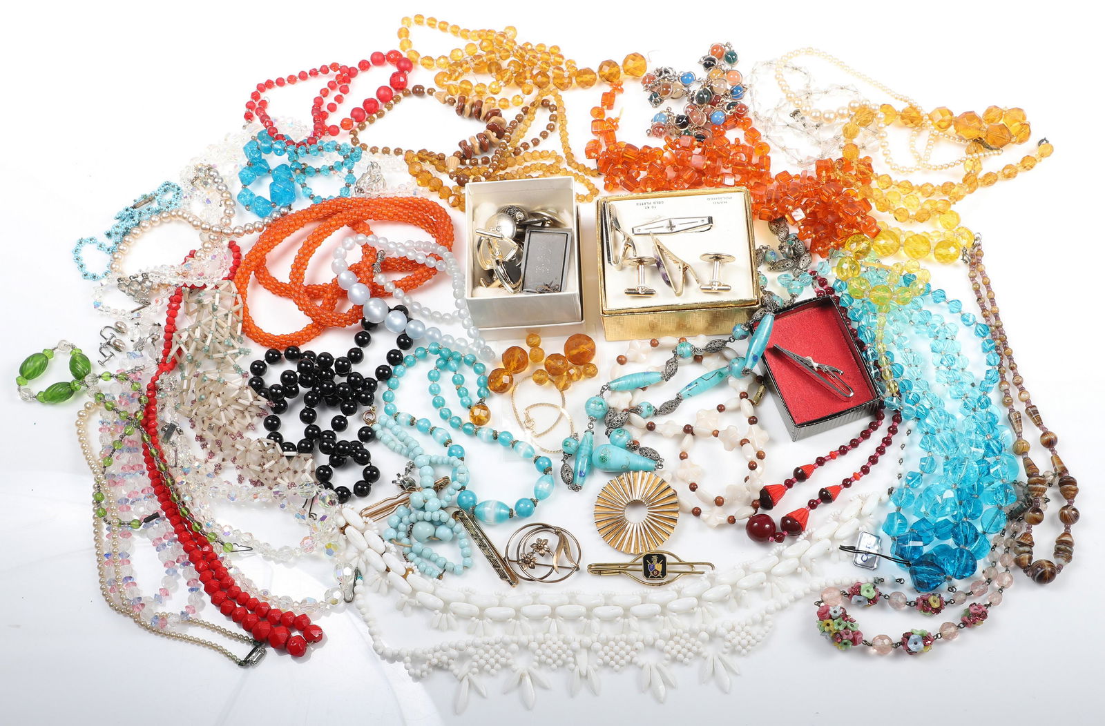 Large Vintage Jewelry Lot: Large vintage jewelry lot to include necklaces, bracelets, earrings, vintage jewelry boxes, bracelets, some sterling, some gold filled, vintage and antique glass beads and more