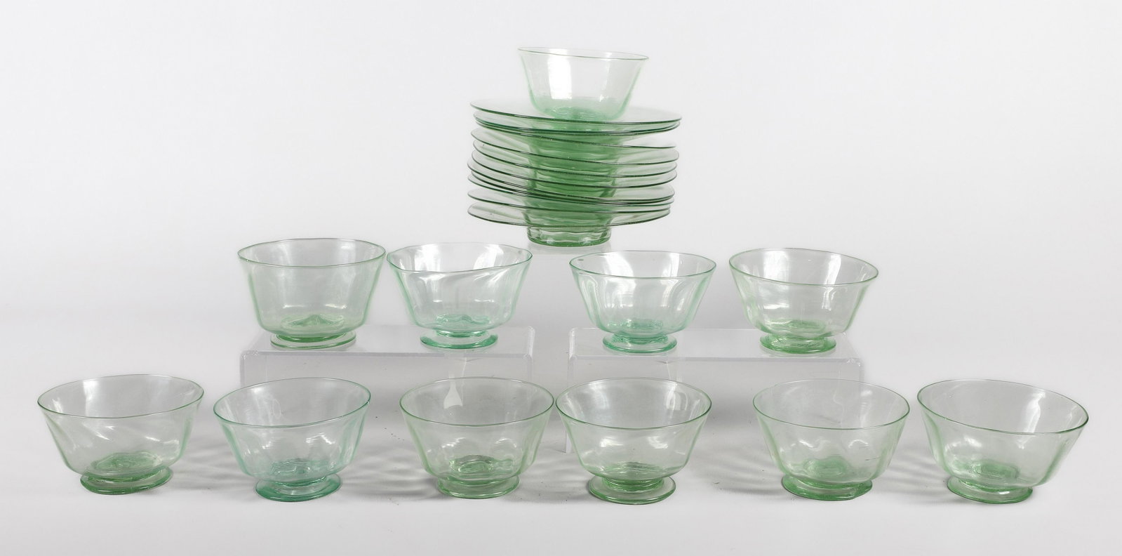 (21) Pcs Blown Glass Dessert Bowls & Under Plates: (21) Pcs light green blown glass, c/o (11) 4-1/4" footed bowls, (10) 6-3/4" under plates