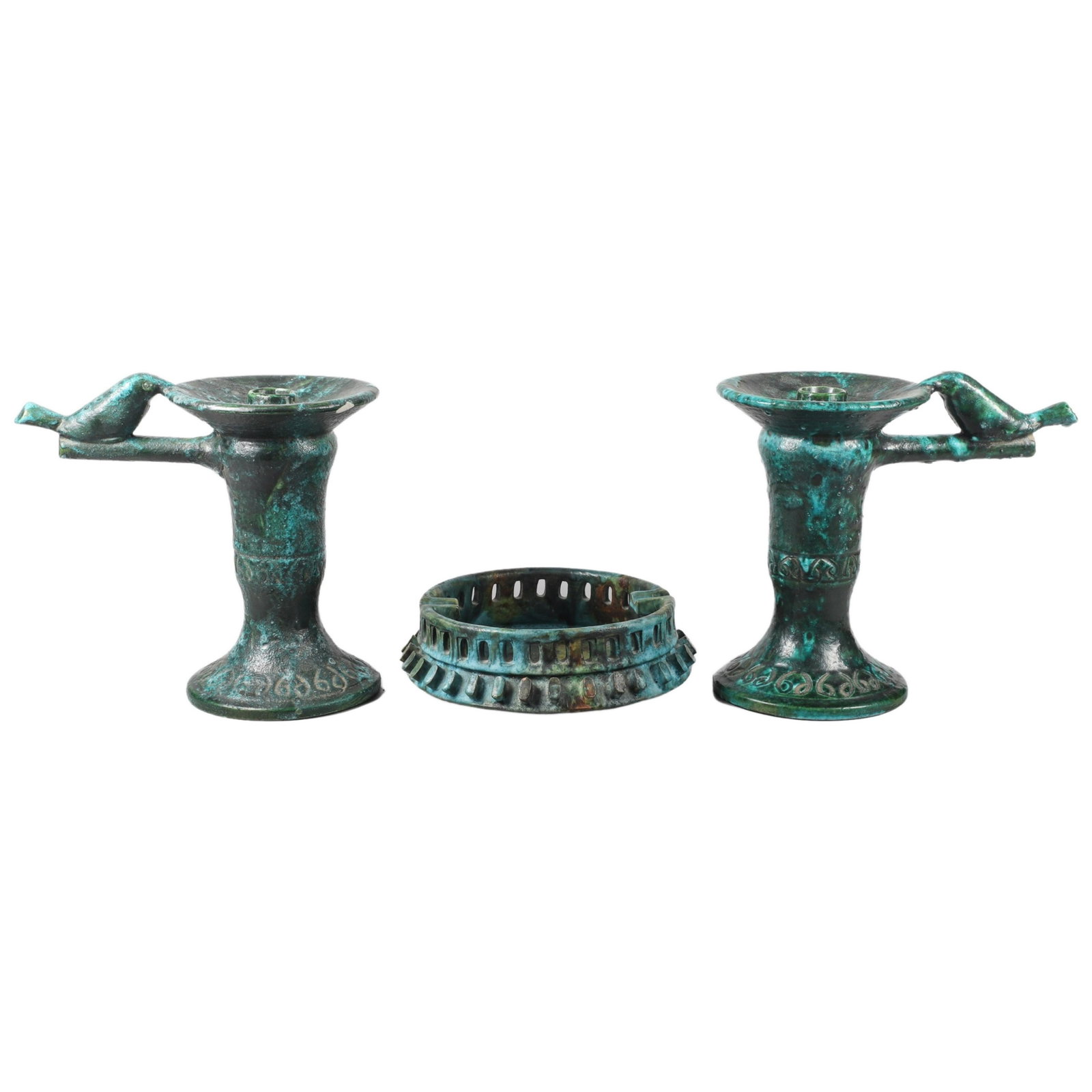 (3) Modern and Design Pottery Pieces: (3) Modern and Design Pottery Pieces to include Alvino Bagni 'Sea Garden' pierced and spoked oversized ashtray, 8" dia, repair to (1) cigarette rest, some flakes to spokes and similarly designed Bitos