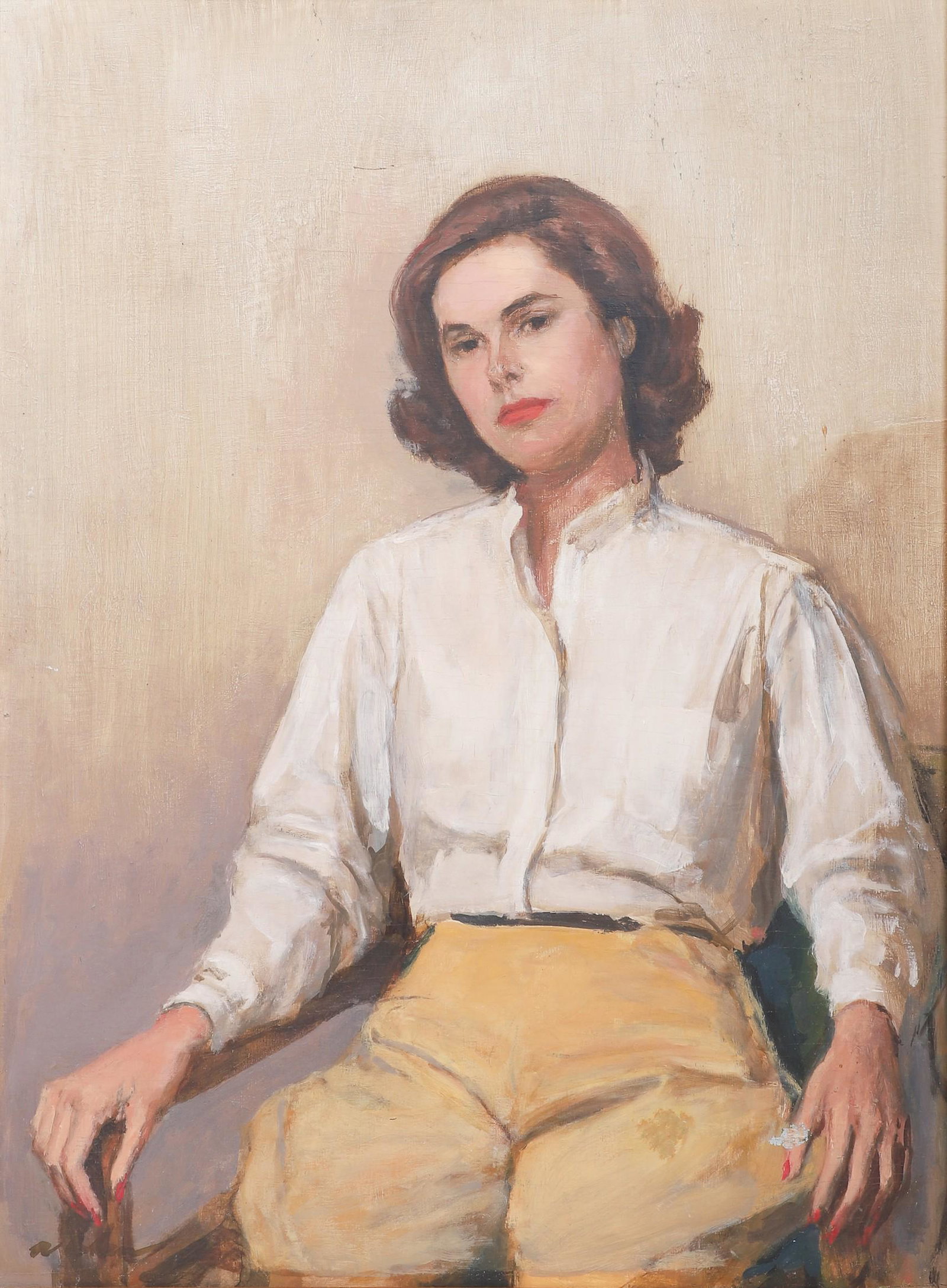 20th c Portrait of a Young Woman: 20th c Portrait of a Young Woman, in riding clothes, oil on board, illegibly signed, 24" x 18", framed 30-3/4" x 24-3/4", good condition, surface gouge on woman's left hand, some minor areas of inpain