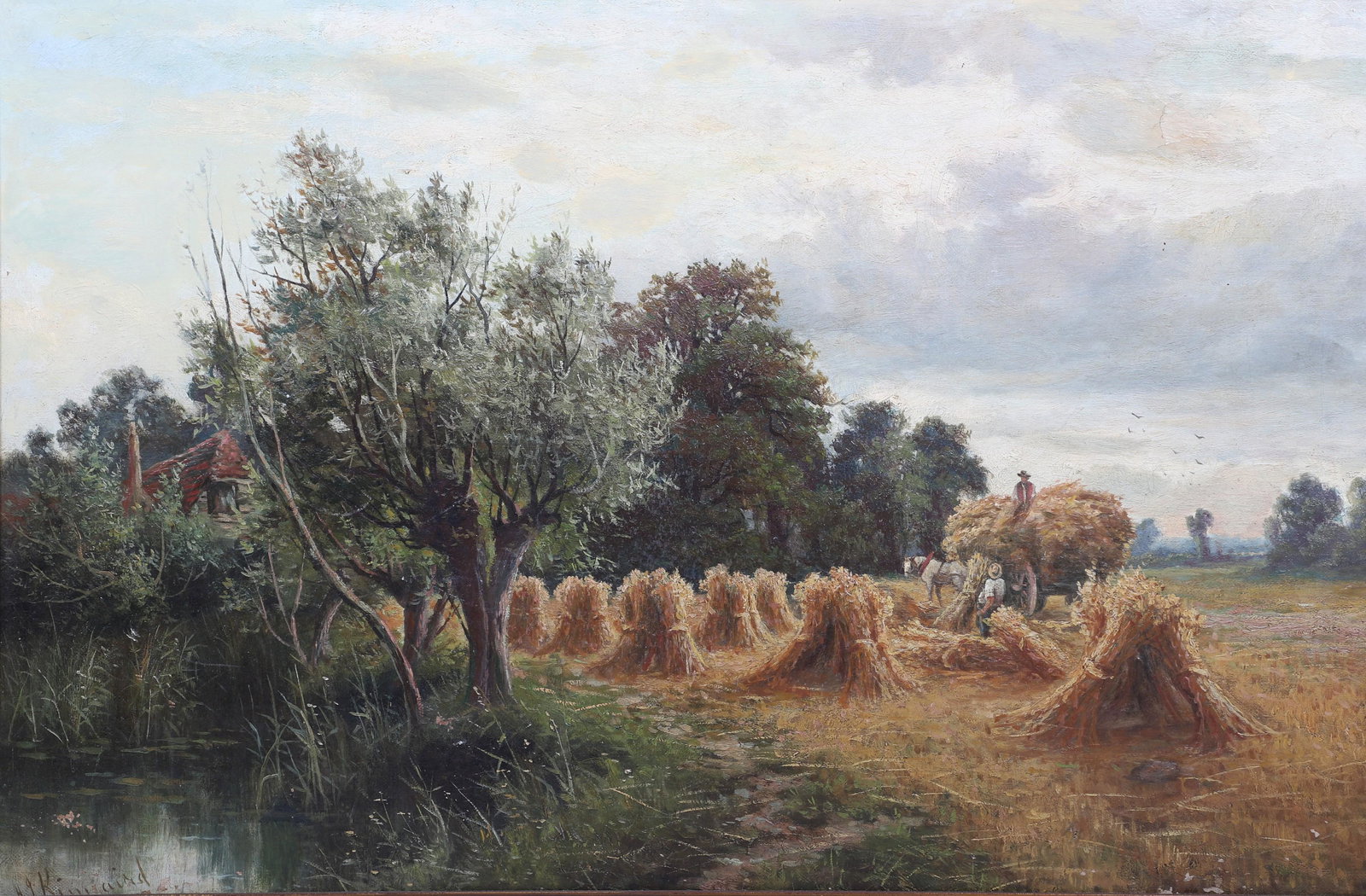 Henry John Kinniard Painting "Harvest Time": Henry John Kinniard (British, 1861-1929) Painting "Harvest Time", oil on board, signed HJ Kinnaird, 19-1/4" x 29", framed 24-3/8" x 34-1/8", good condition, some small areas of paint loss, some inpain