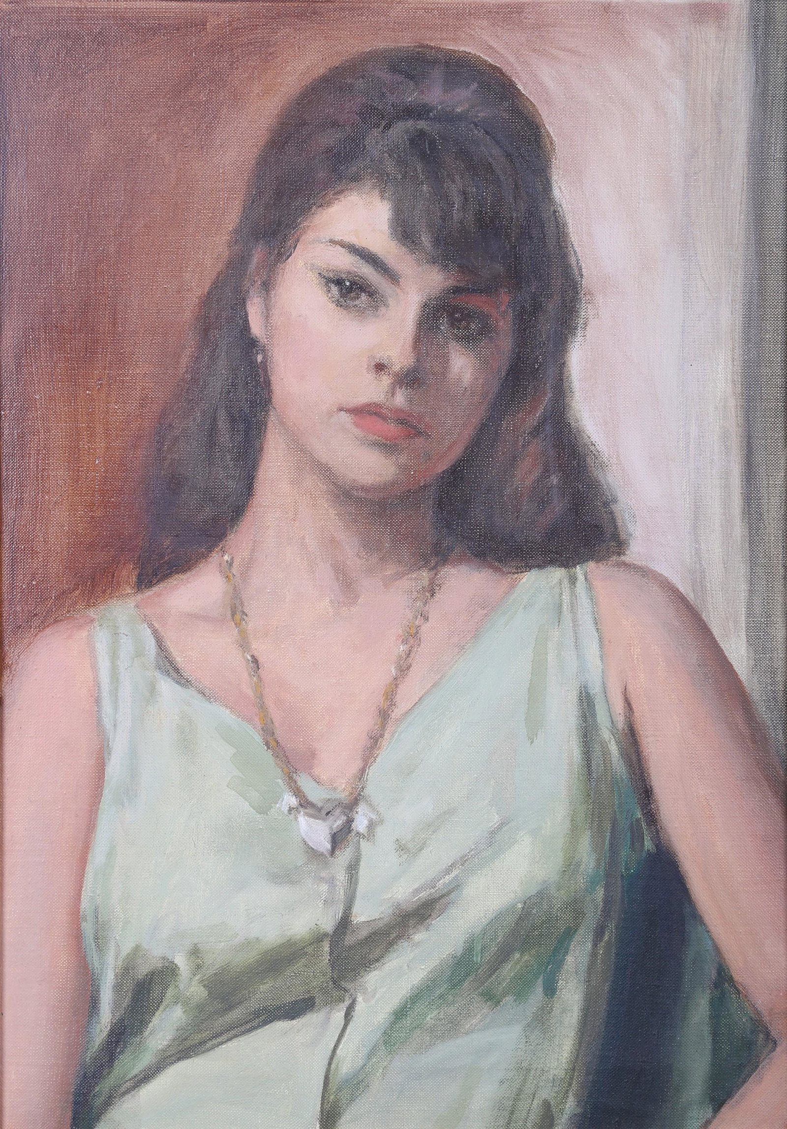 Portrait Painting of a Young Woman: Portrait Painting of a Young Woman, oil on canvas, canvas fragment on reverse with illegible signature, 19" x 13-1/2", framed 23-1/2" x 18", very good condition