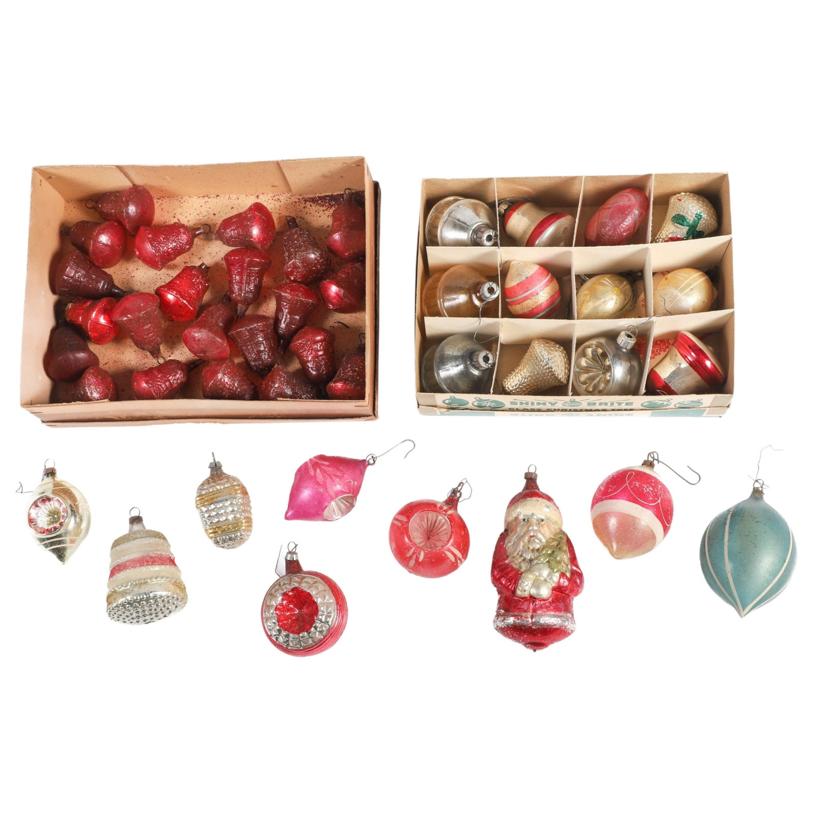 (40+/-) Vintage Glass Christmas Ornaments: (40+/-) Vintage glass Christmas figural ornaments, including Santa, largest 4"
