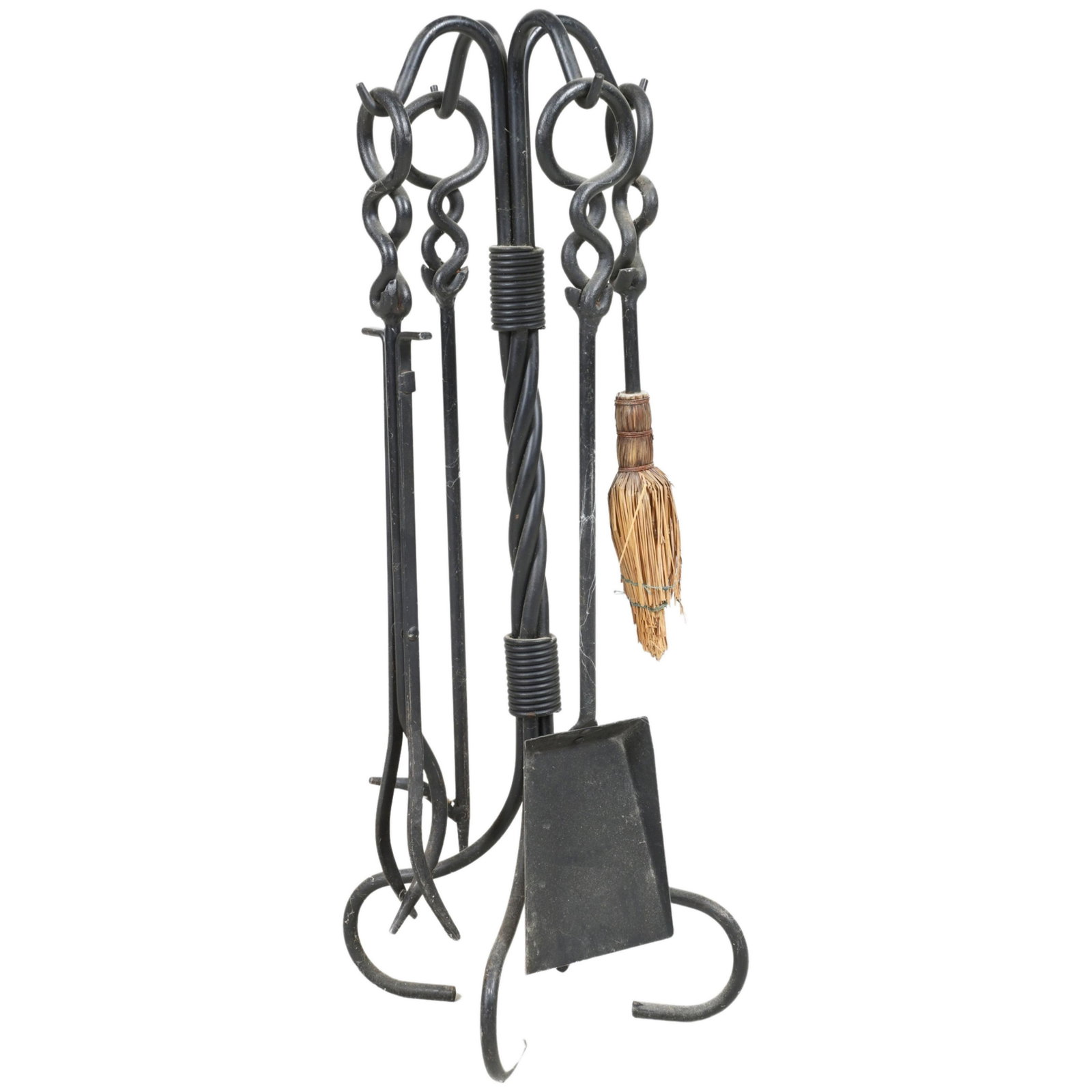 Set of twisted iron fireplace tools: Set of twisted iron fireplace tools, black painted iron, 29-1/2"h stand
