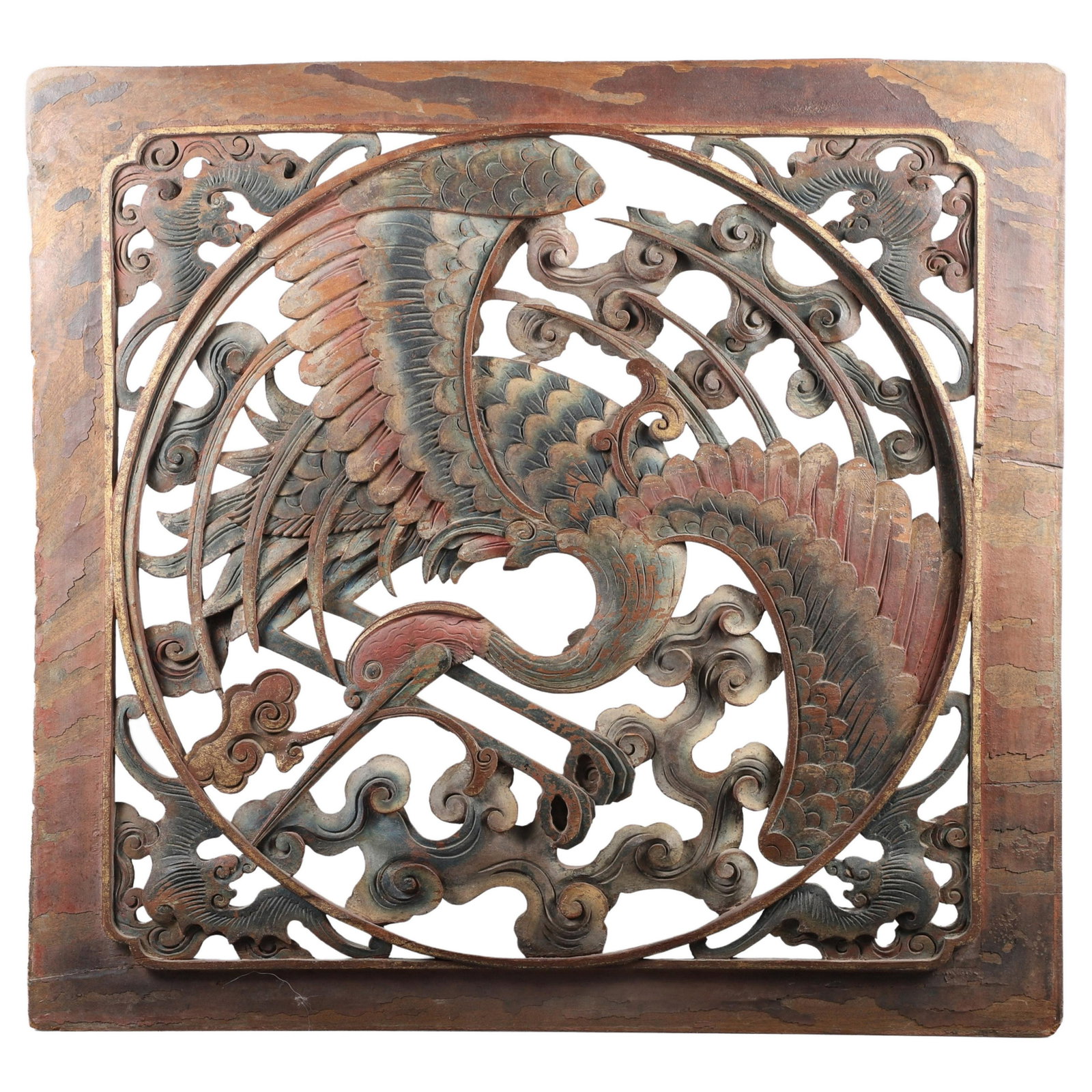 Chinese Pierced Wood Heron Panel: Chinese pierced wood heron panel, in cloud surround with bat adorned corners, circa 1750, 24"H, 26"W