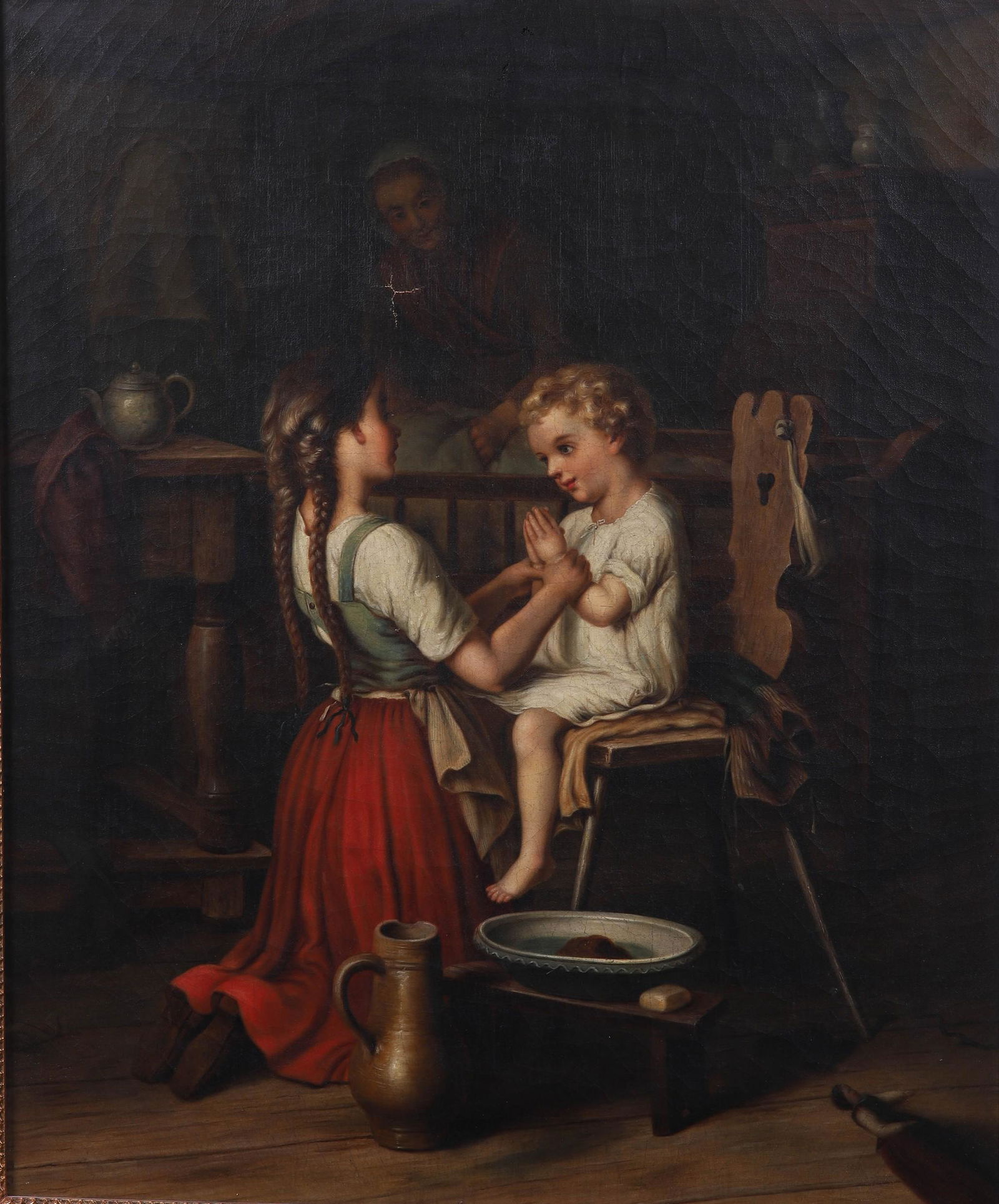 19th c Continental Genre Painting: 19th c Continental Genre Painting, depicting a girl bathing her sibling, oil on canvas, unsigned, mounted in later gilt frame, 30-1/4" x 25-1/4", framed 36-1/2" x 31-1/2", good condition, cleaned and