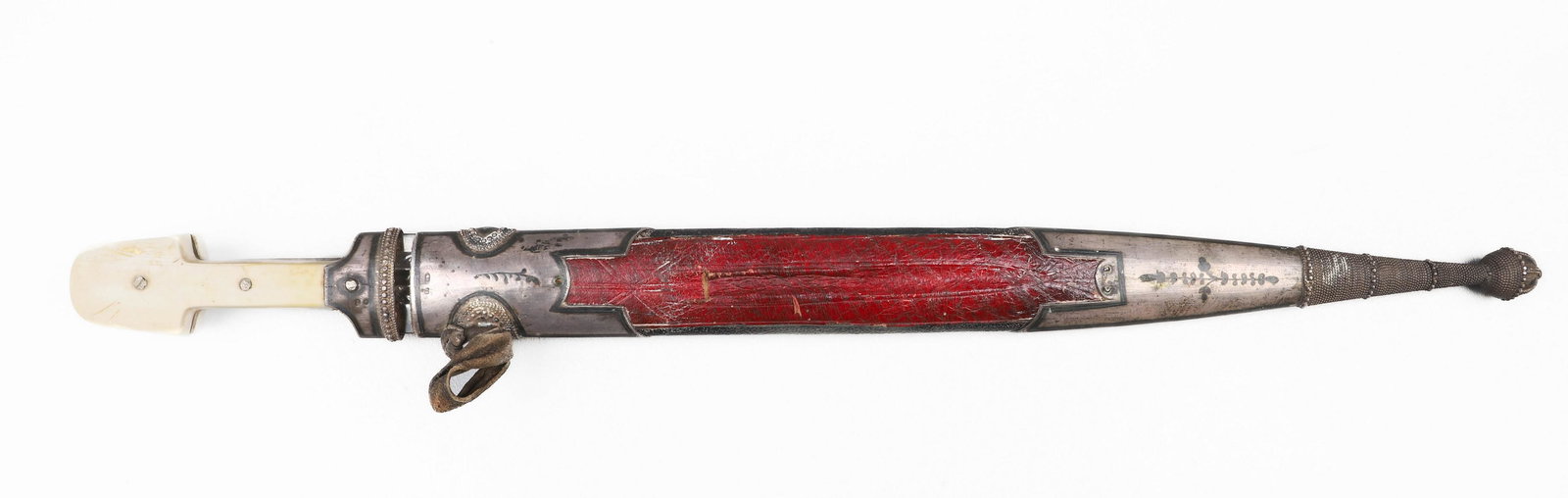 Russian Bone Handled Kindjal Dagger with Sheath: Imperial Russian Kindjal Dagger, bone handle, beautifully engraved blade with triple fuller, right facing Moscow Kokoshnik mark with 84 assay mark on both the hilt and the top of the scabbard, top of