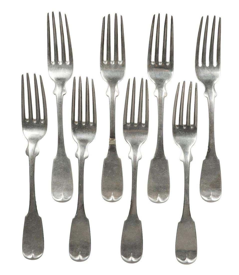 (8) Whartenby Coin Silver Forks, 10.11 TO: (8) Thomas Whartenby coin silver forks, fiddle back, 3-letter monogram, Philadelphia PA, c 1811-1850, 7" l, 10.11 TO