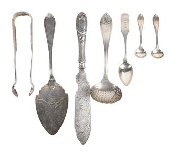 (7) Pcs Coin Silver, 6.86+ TO: (7) Pcs coin silver, 6.86+ TO, c/o pie server engraved 1865, Garrett pierced bowl ladle, (2) JO Mead tea caddy spoons, R&W Wilson tongs, Whitney & Hoyt 6" teaspoon, weighted engraved fish knife (unwei