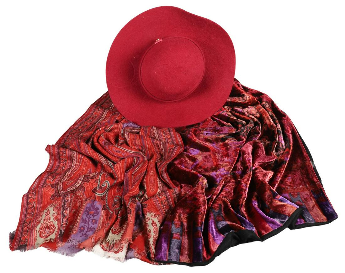 (3) Etro Scarves and Loro Piana Hat: (3) Etro scarves and Loro Piana Hat to include wool and silk paisley wrap scarf, made in Italy, 62"L, 25"W, Etro velvet and cashmere wrap in abstract paisley pattern, made in Italy, 65"L, 25"W and Lor