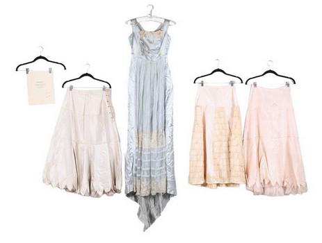 (4) Harriet Bishop Lanier Collection Garments: (4) Harriet Bishop Lanier collection garments to include 1910 aquamarine satin underdress, square aquamarine chiffon at front and skirt, hook and eye closure at back, pleated bust, lace panels, some p