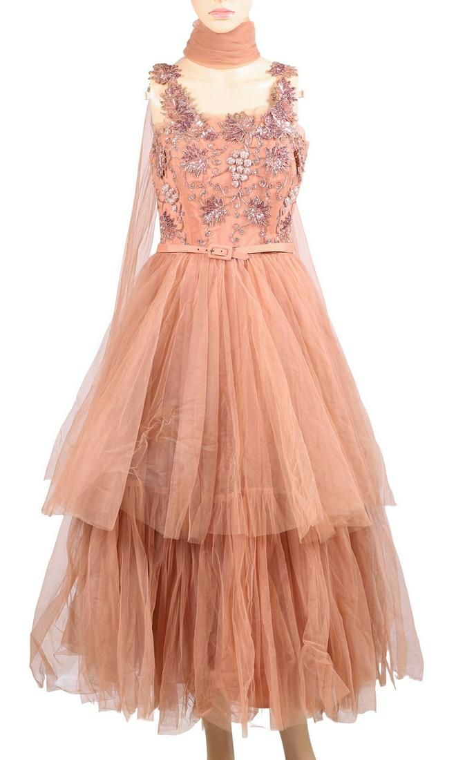 1960's Benham Originals Gown: 1960's Benham Originals gown, retailed by Florice Detroit, in tiered net lace with bead and sequin applique bodice depicting leaf and grape bunches, zip closure at side, with matched shawl, 30" bust, 