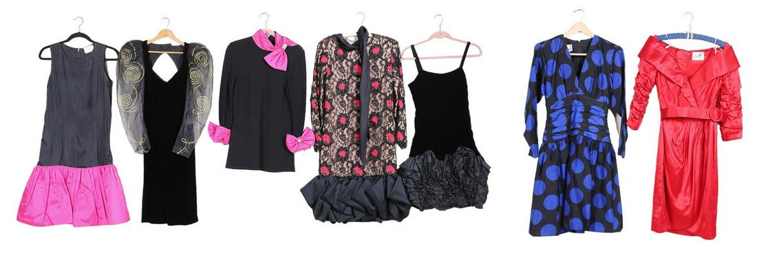 (7) 1980's Designer Dresses: (7) 1980's designer dresses to include black velvet cocktail dress, ruffle hem, 32" bust, 26 waist, Evenings by Raul Blanco hot pink and black dropped peplum sweater dress, rhinestone and bow adornmen
