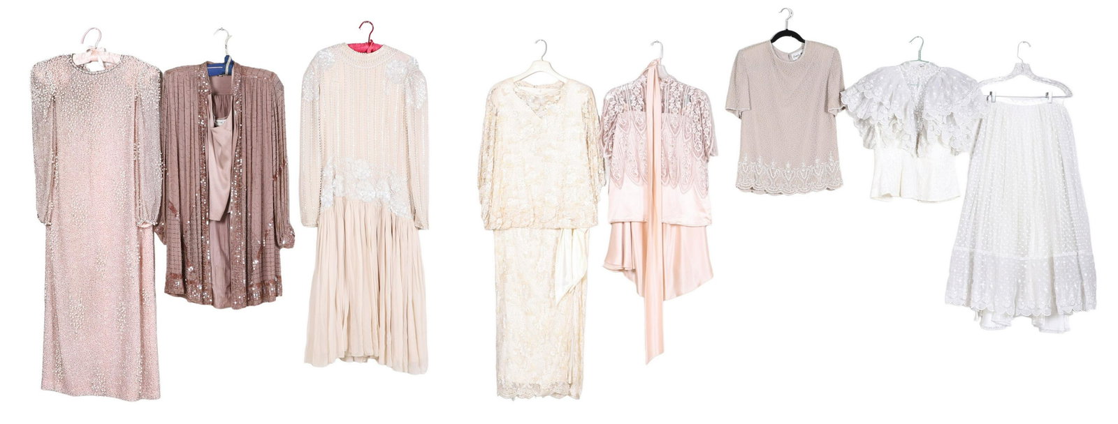 (7) 70's/80's Pearl, Rhinestone, Beaded Garments: (70 70's/80's pearl, rhinestone, beaded garments to include Siam Originals New York swiss dot skirt and bodice, button back bodice with multi-ruffle sleeve and low lace neckline, 25" waist skirt, 34" 