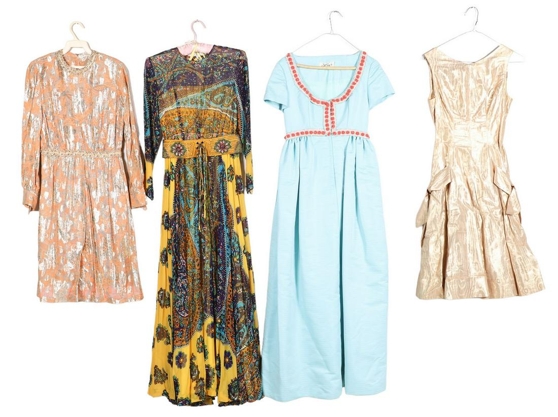 (4) 60's/70's Special Dresses: (4) 60's/70's special dresses to include Suzy Perette New York woodgrain gold silk moire party dress, bow adornment at skirt sides, metal zip closure at back, 32" bust, 24" waist, damage to fabic unde