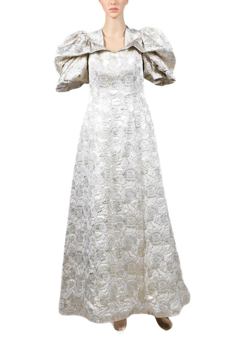Sophy Curson Jacquard Gown: Sophy Curson jacquard gown, voluminous sleeves, notched neck, flared hem, 34" bust, 29" waist.
