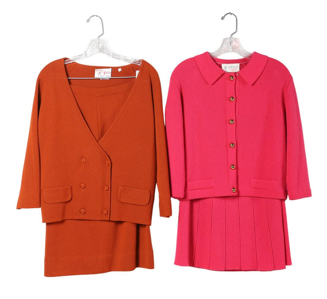 (2) Knit Ensembles: (2) Knit ensembles to include Kimberly wool and mohair 2-piece suit, in raspberry, with gold bauble buttons, 38" bust, and 60's pumpkin colored double knit sweater and skirt ensemble, 13/14, 40" bust,
