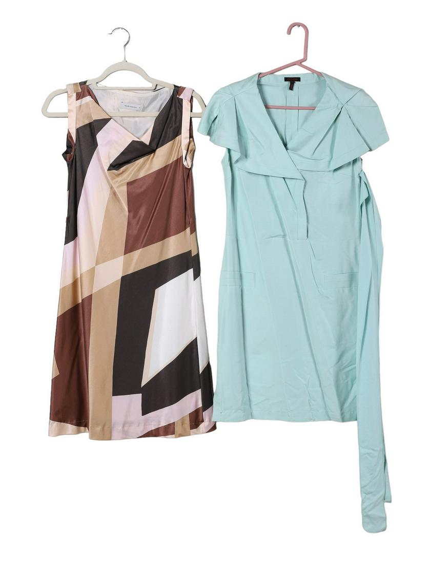 (2) Designer Dresses: (2) Designer dresses to include robins egg blue Escada dress, joined capelet, tie waist, 34" bust, 32" waist and silk Rene Lezard colorblock dress, 32" bust.