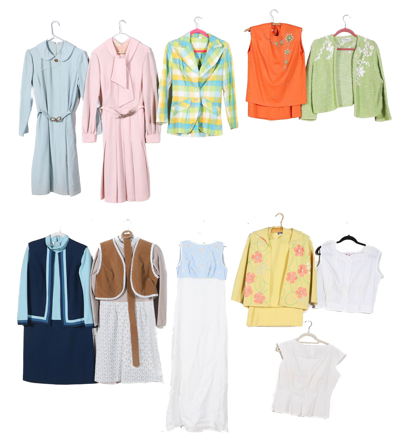 60's/70's Store Stocker: 60's/70's store stocker to include (2) pastel 60's knit and belted dresses, 34" bust, 60's seersucker jacket, 60's Lee Herman floral stitched sweater, 60's beaded orange poly double knit skirt and blo