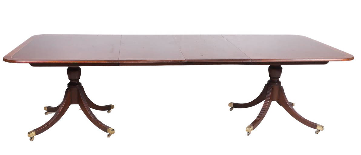 Baker Regency style mahogany double pedestal dining table (1052) on