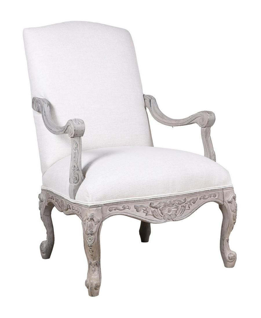 Louis XV style upholstered open armchair: Louis XV style upholstered open armchair, upholstered back and seat, distressed painted carved arms and base with acanthus, 43"h x 25"w x 24"d