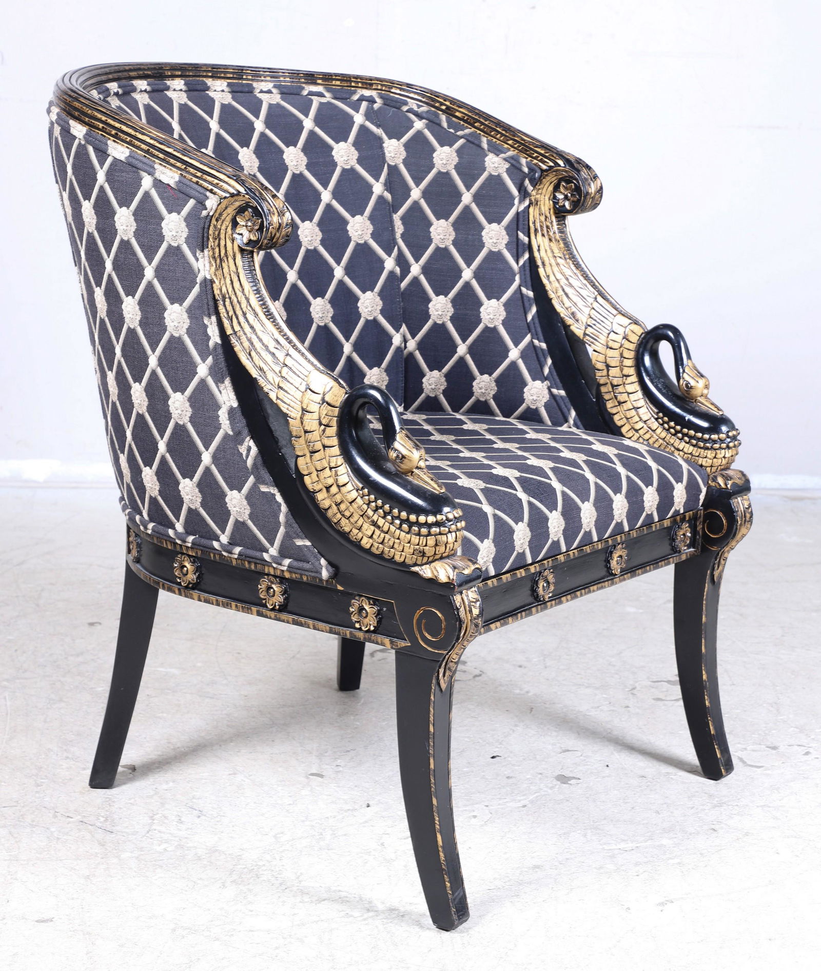 French Empire style ebonized and parcel gilt barrel back lounge chair (1 of 3)