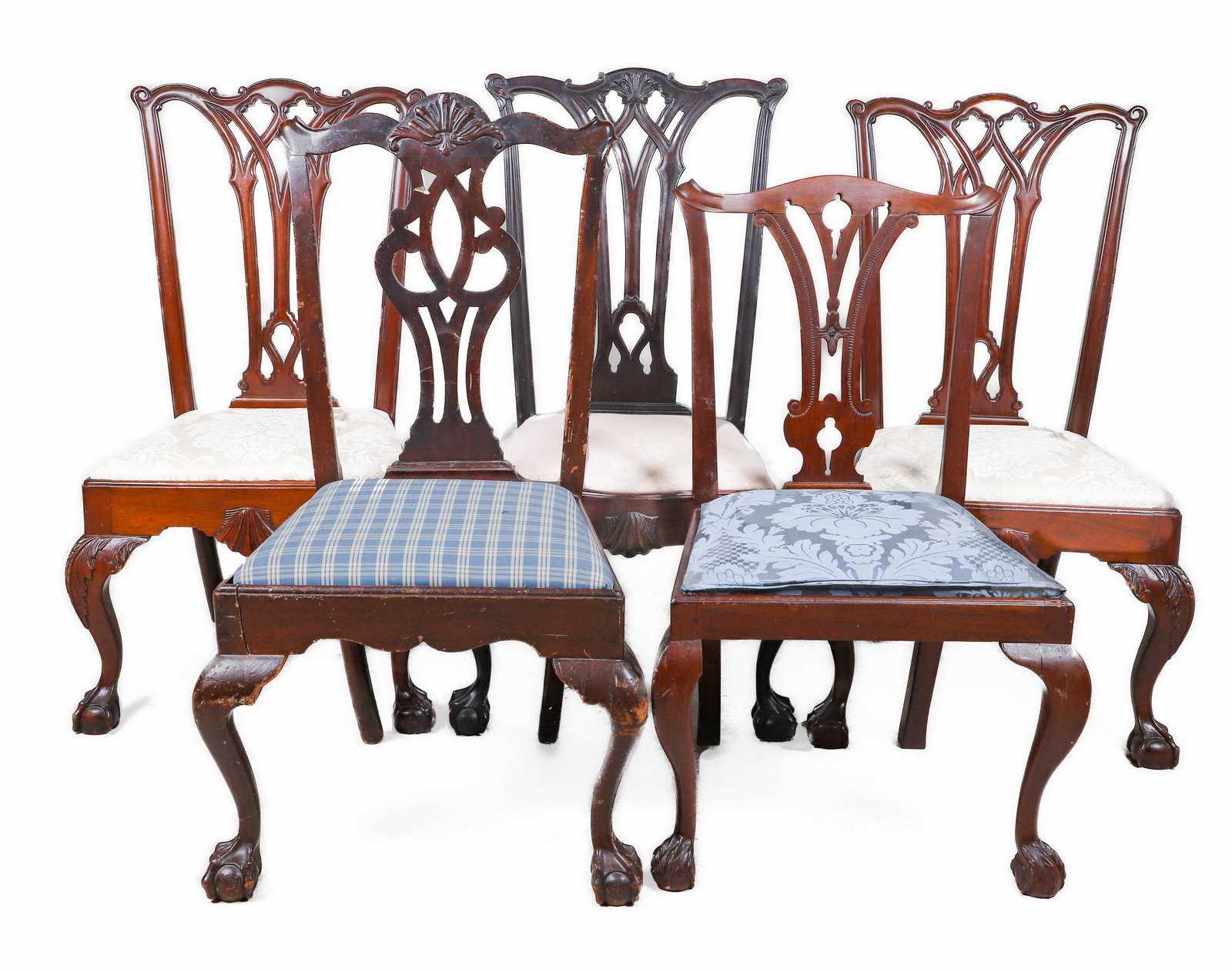 (5) Chippendale style carved mahogany side chairs: (5) Chippendale style carved mahogany side chairs, pierced carved backs, upholstered seats, all on ball and claw feet, 41"h x 19"w x 18"d