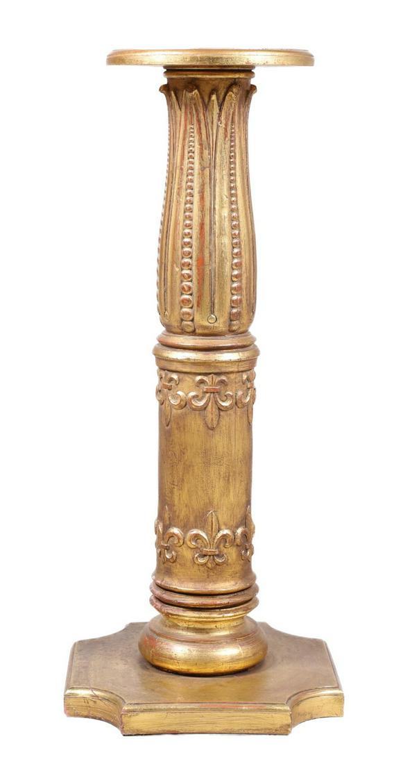 French style gilt painted pedestal: French style gilt painted pedestal, beaded and fleur de lis decoration on scalloped base, 32"h x 12"diameter at top