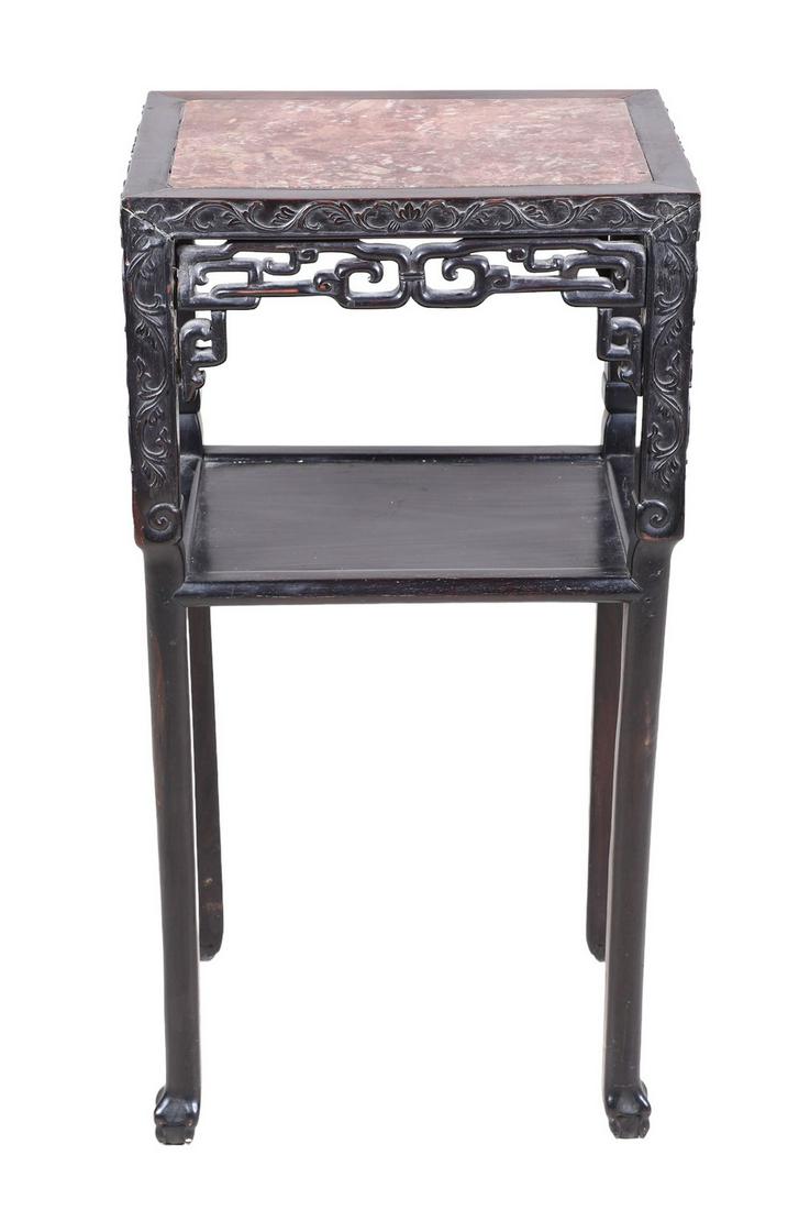 Chinese carved elmwood marbletop 2-tier pedestal table (1 of 3)