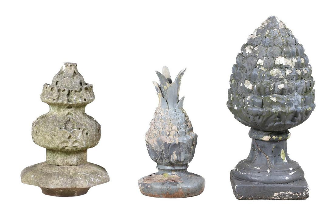 (3) Garden finials: (3) Garden finials, c/o (2) cement pineapple, pottery pineapple, largest 22"h, wear to paint