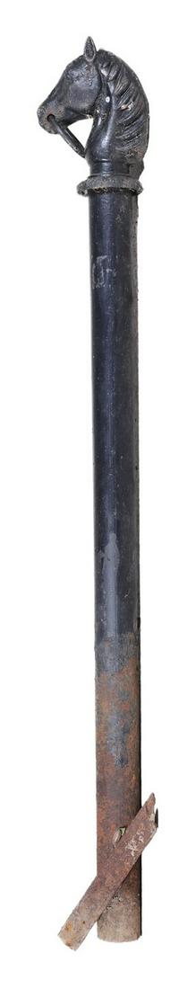 Ebonized iron hitching post: Ebonized iron hitching post, horse head with knocker in mouth, 57"h