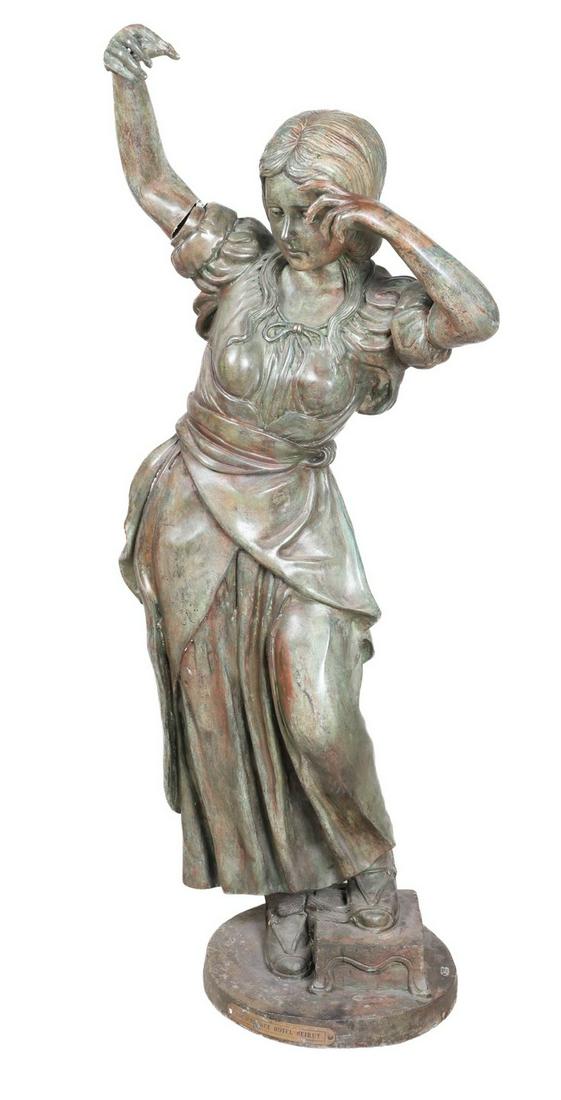 Bronze Statue of a maiden: Bronze Statue of a maiden, plaque on front bottom, "Eden Palace Hotel Beirut", green patina, 53"h, arm damaged and needs repaired, The statue is 20th c