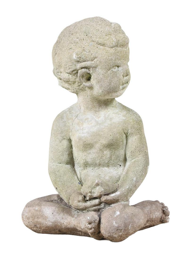 Cement statue of a boy with a conch shell: Cement statue of a boy with a conch shell, 15-1/2"h