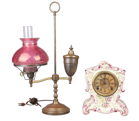 Ansonia China Case Clock, crackle cranberry glass shaded brass