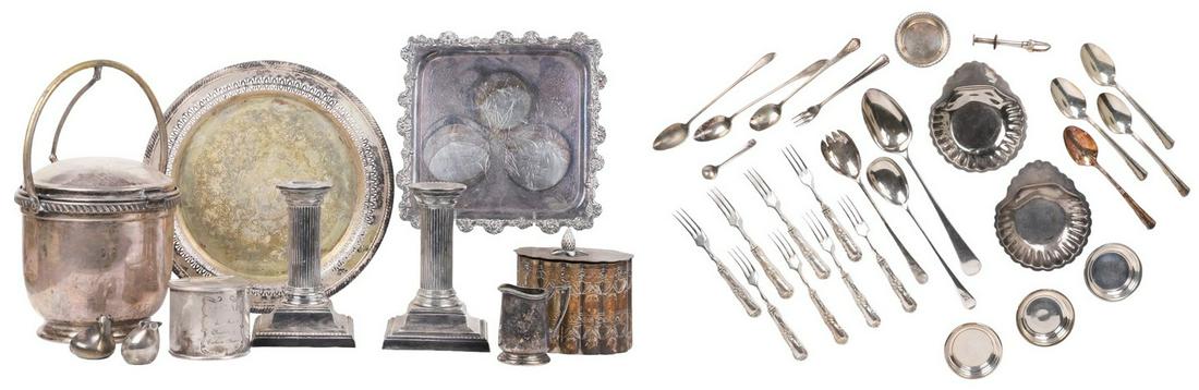 Lot of Silver Plate: Lot of silver plate, including (8) Tiffany & Co Regent 7-1/8" 3-tine forks, Dansk cow & pig figures, Cuban sugar container, Mexico shell dishes, Union League of Philadelphia creamer, nut dishes, assor